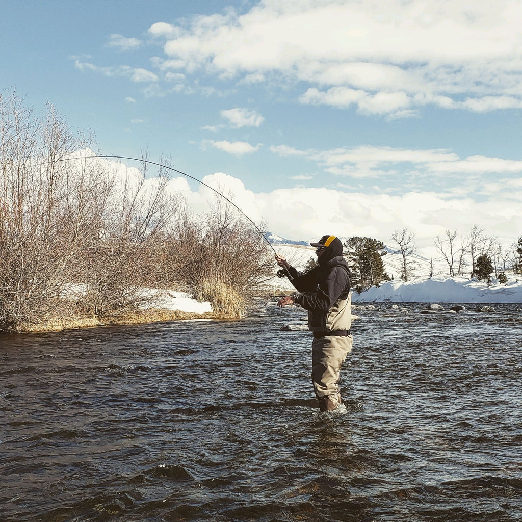 Brian Rosenberg hooked up on nice trout while fly fishing the upper Madison River with clients in the early spring. Near Ennis, Montana.