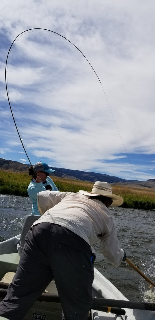Miss Black hooked up with Owner Oarsman Brian Rosenberg netting the fish during a guided float trip on the Madison River near Ennis Montana