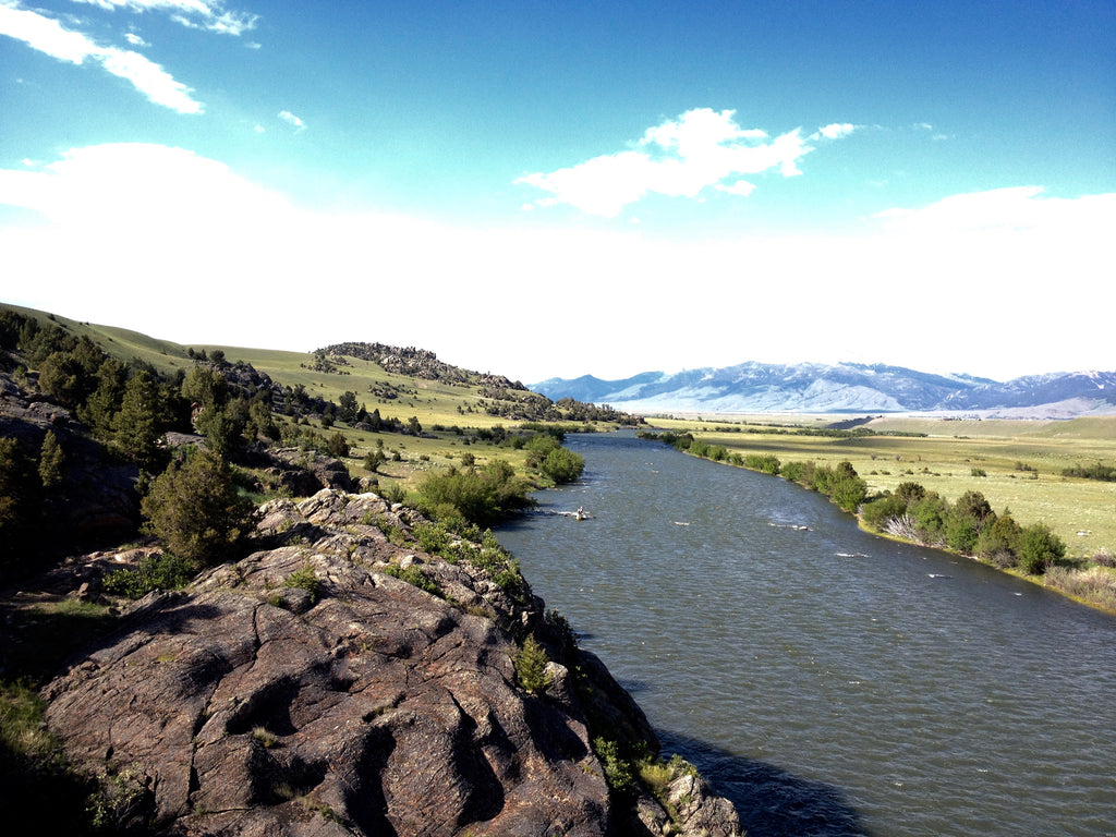 View north on the Madison River as seen from the Hole in the Wall rock structure on the upper river near Ennis, Montana.   