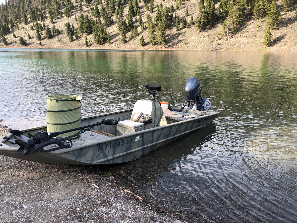 The lake fishing boat with stripping basket, trolling motor and high end electronics.