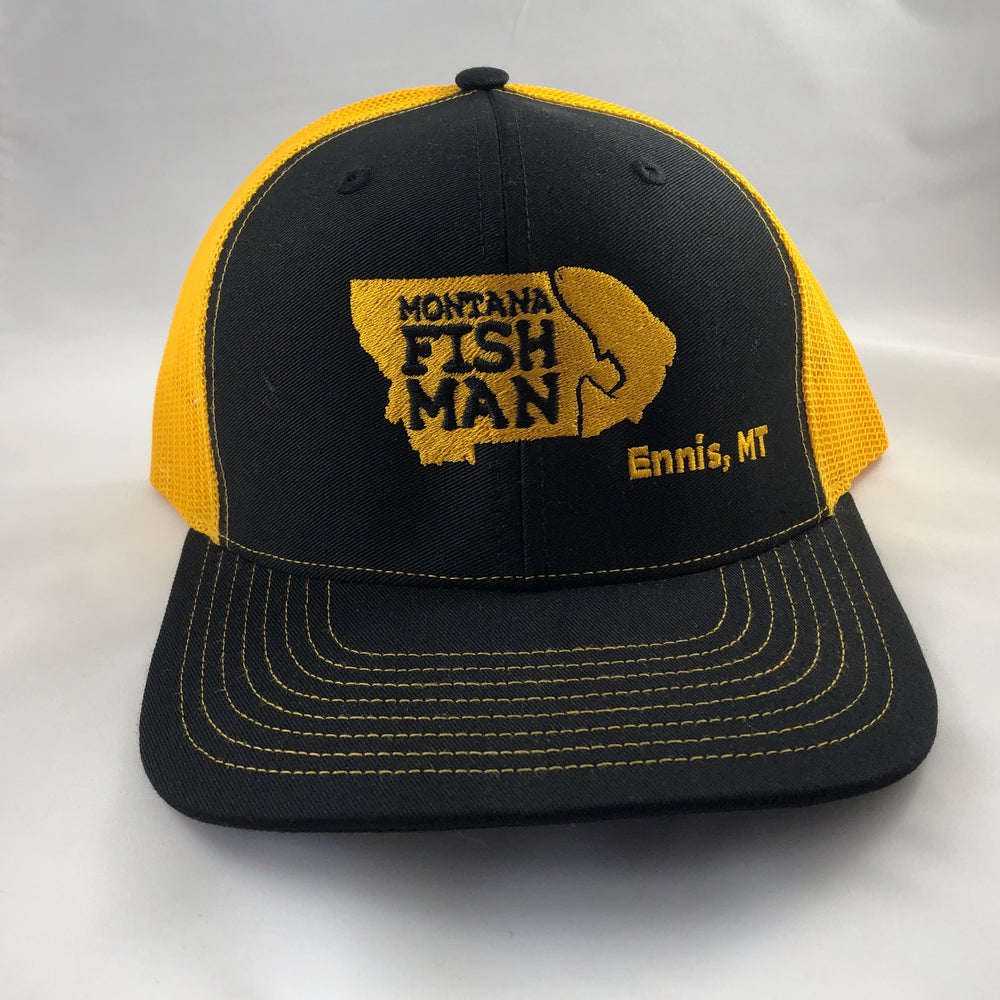 Montana Fish Man Logo Trucker Cap in Black and Yellow