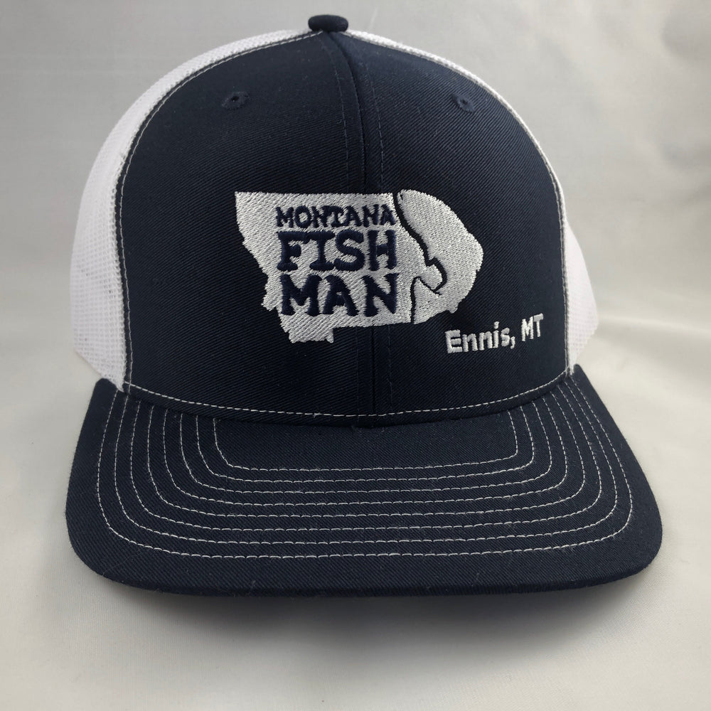 Montana Fish Man Logo Trucker Cap in Navy and White