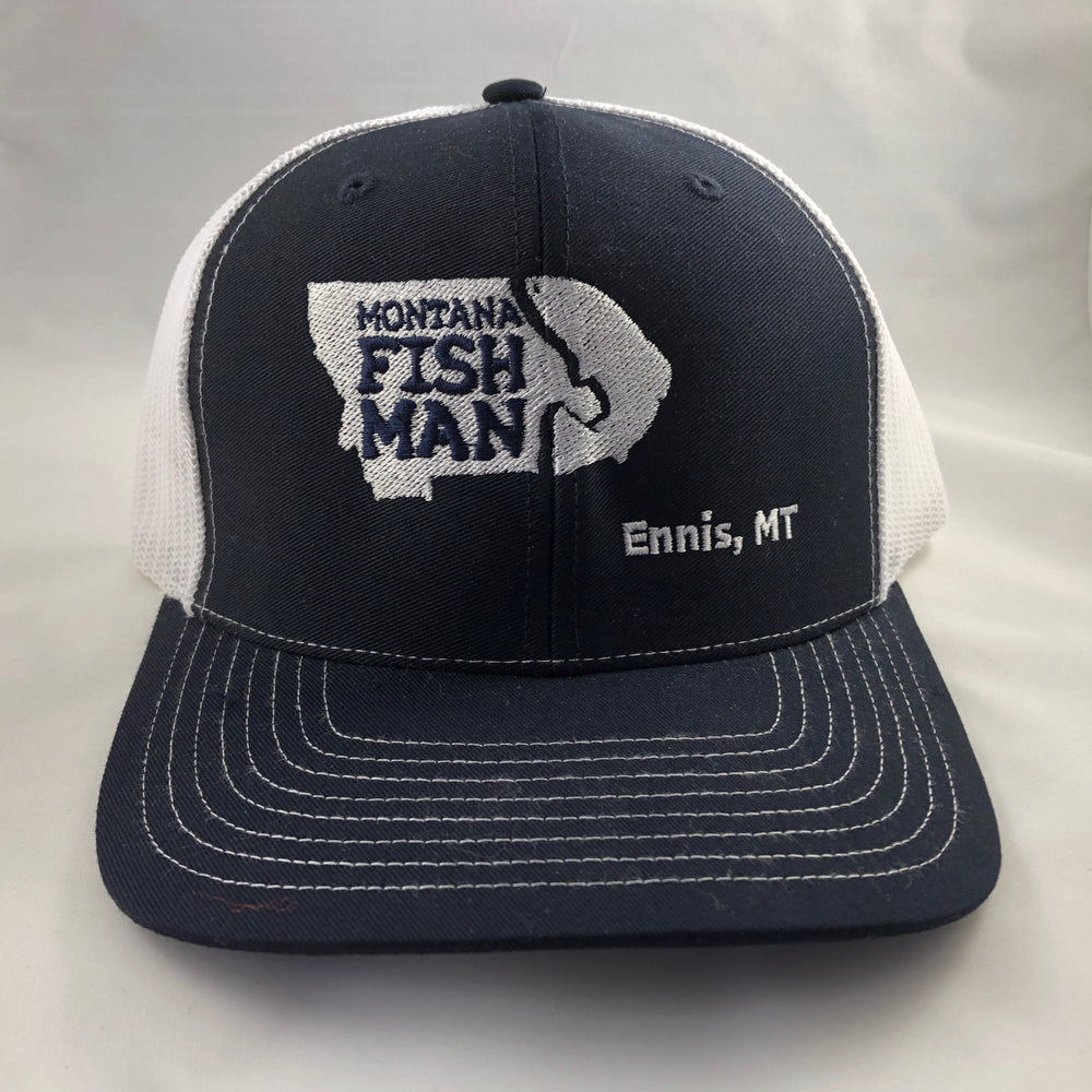 Montana Fish Man Logo Trucker Cap in Navy and White Offset Logo