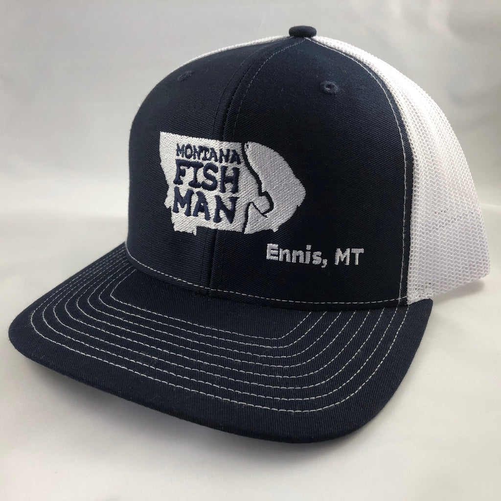Montana Fish Man Logo Mesh back Trucker Cap in navy and white