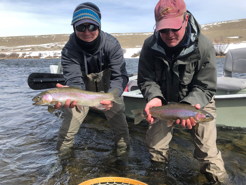A springtime double rainbow over the Madison River near Ennis, Montana. Both rainbow trout where safely released back into the Madison River. 