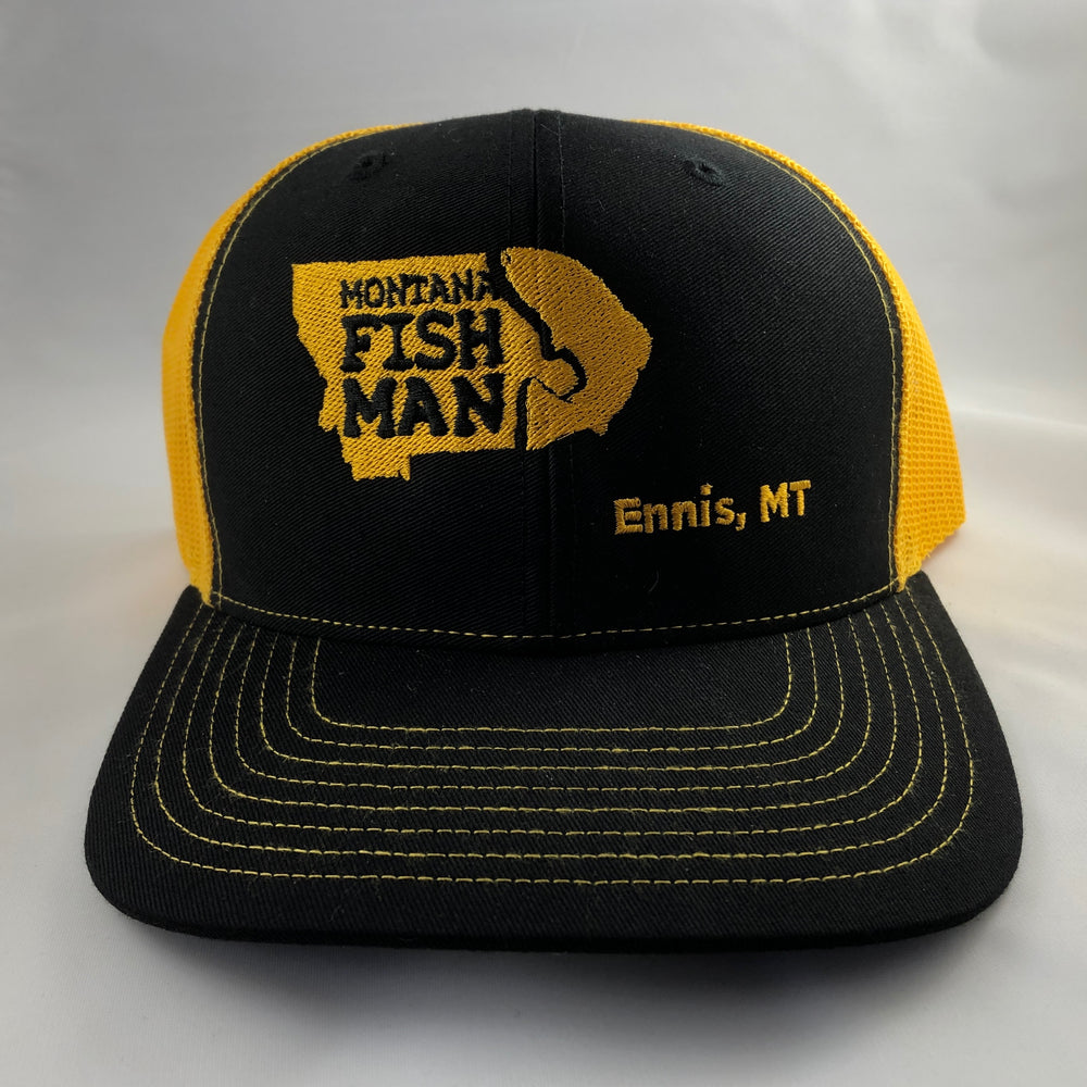 Montana Fish Man Logo Trucker Cap in Black and Yellow Offset Logo